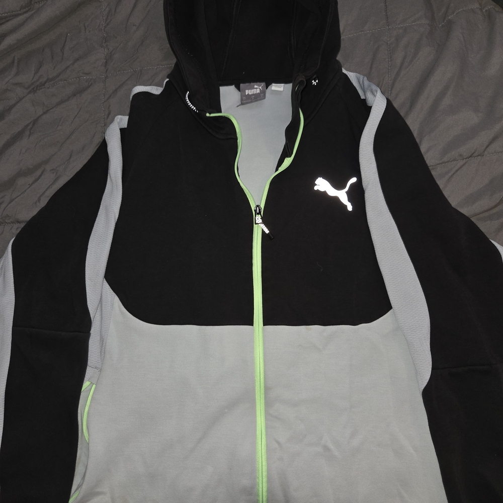 PUMA Black Gray Full-Zip Hoodie Men’s Size L Neon Green Trim Athletic Jacket